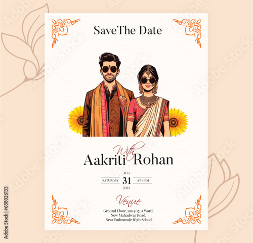 Traditional Royal Wedding Invitation card design with Bride and Groom illustration cool and modern