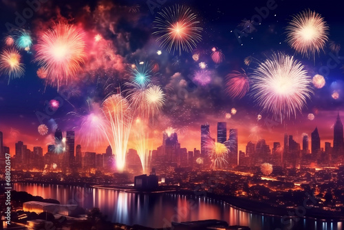 Multi-colored fireworks against the backdrop of the night city.