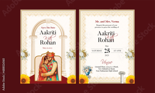 Traditional Royal Wedding Invitation card design with Bride and Groom illustration cool and modern