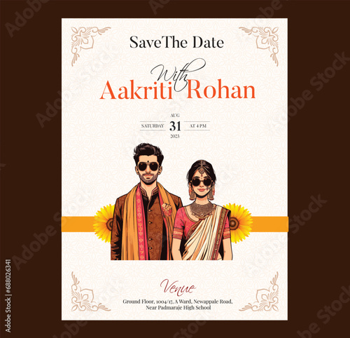 Traditional Royal Wedding Invitation card design with Bride and Groom illustration cool and modern
