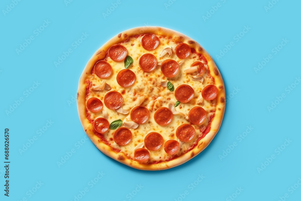Cooked pizza with pepperoni on a blue background close-up, top view. Cooked pizza with pepperoni on a blue background close-up, top view.