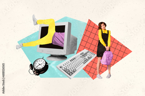 Sketch collage picture of cute funny girl waiting professional man repair fix bug error retro obsolete pc isolated on drawing background