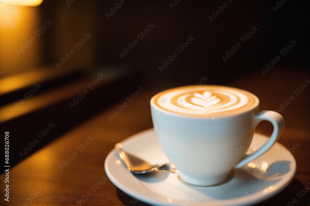 Cup of cappuccino with latte art on wooden background. Generative AI Cup of cappuccino with latte art on wooden background. Generative AI
