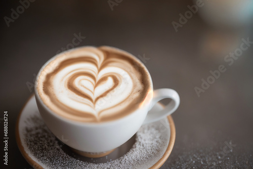 Cup of cappuccino with latte art on wooden background. Generative AI