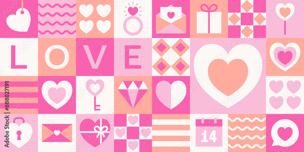 Abstract geometric Valentine's day pattern with simple elements and shapes. Cute modern background. Vector illustration Abstract geometric Valentine's day pattern with simple elements and shapes. Cute modern background. Vector illustration