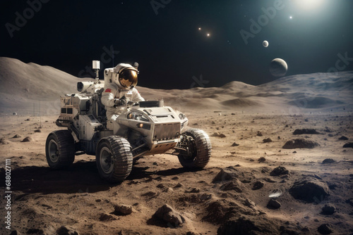 astronaut driving a lunar rover vehicle on the moon photo