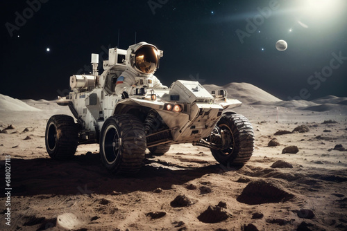 astronaut driving a lunar rover vehicle on the moon