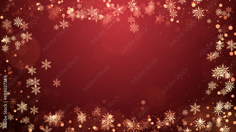 Christmas snowflakes frame with lights and particles on red background Christmas snowflakes frame with lights and particles on red background