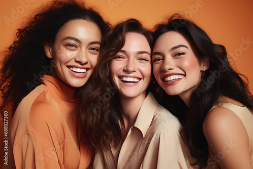 tres mujeres modelos jovenes de distintas razas, posando sobre fondo naranja photo