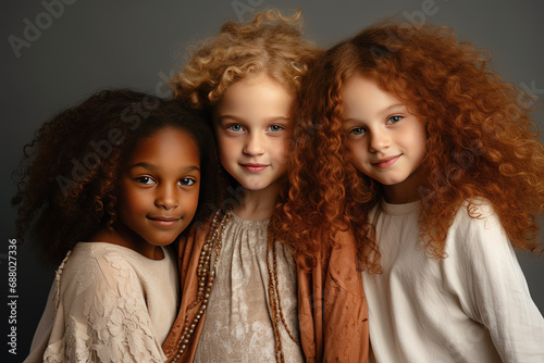 tres niñas de distintas razas, posando sobre fondo gris photo