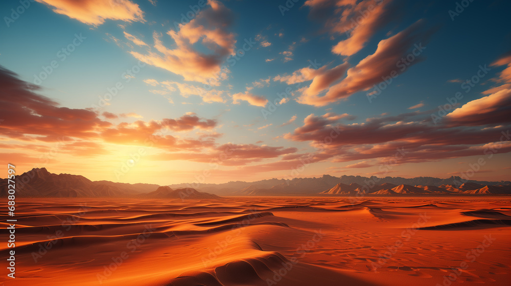 An epic aerial shot of a vast desert landscape, with endless dunes stretching into the horizon. Generative ai.