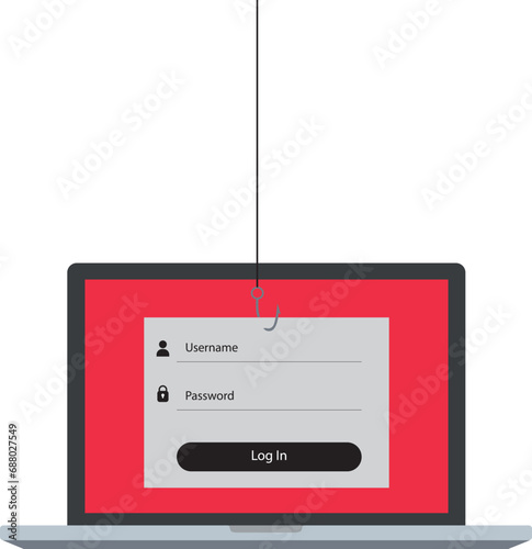Flat design concept for Internet crime phising enter an account on a laptop, fishing hook