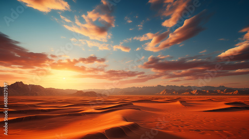 An epic aerial shot of a vast desert landscape  with endless dunes stretching into the horizon. Generative ai.
