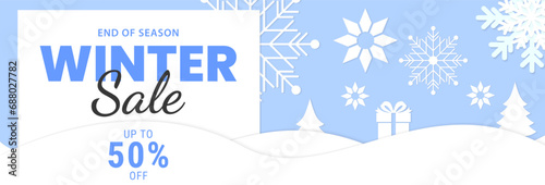 Winter sale banner design. Seasonal sale background with snowflake elements. Vector illustration