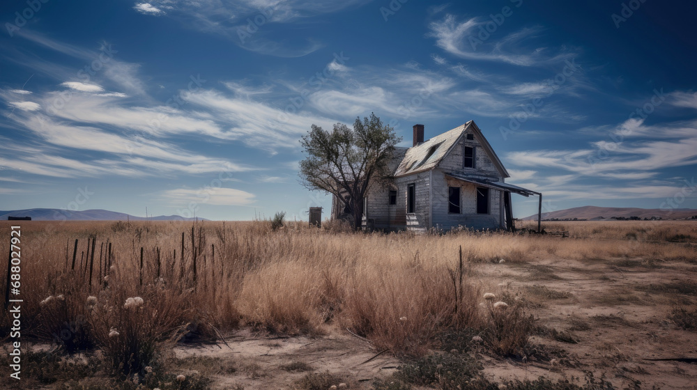 Abandoned damaged old house in a field Abandoned damaged old house in a field