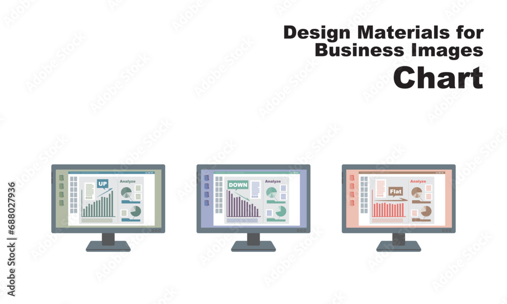パソコンのモニターに表示されたシンプルな棒グラフ、円グラフ、分析、グラフィック素材、ベクター