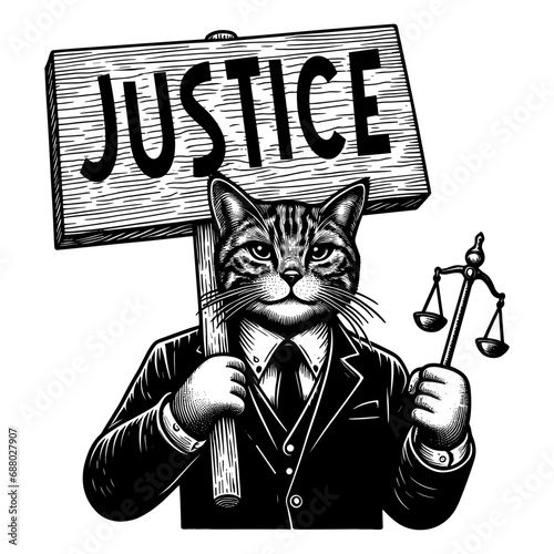 cat wearing a suit and holding sign board with word justice sketch