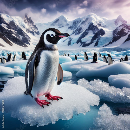 Penguins on an ice floe  icebergs  in polar regions landscape. AI generated