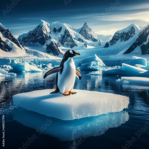 Penguins on an ice floe  icebergs  in polar regions landscape. AI generated