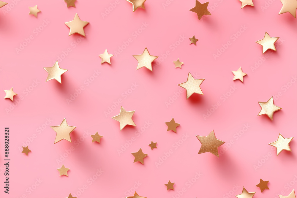 Charming scattered golden stars on a soft pink background, a whimsical pattern perfect for celebratory themes or chic, stylish designs. Seamless, repeatable texture.