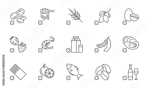 Allergenic products flat line icon set. Vector Illustration forbidden foods for allergies. Editable stroke photo