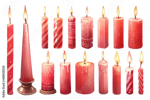 赤いクリスマスのキャンドルの水彩イラストの素材セット