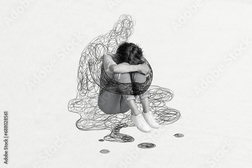Sketch collage image of sad upset girl sitting suffering loneliness isolated in drawing background