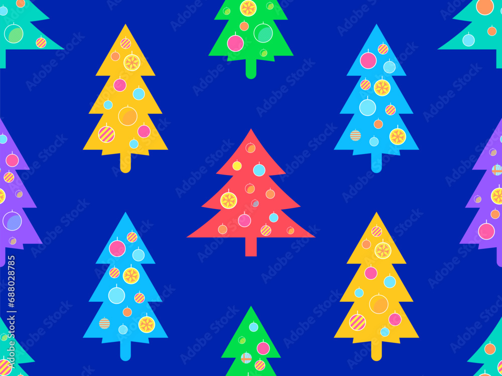 Obraz premium Decorated Christmas trees seamless pattern in 80s style. Christmas tree decorated in geometric style. Festive design for greeting cards, invitations and banners. Vector illustration