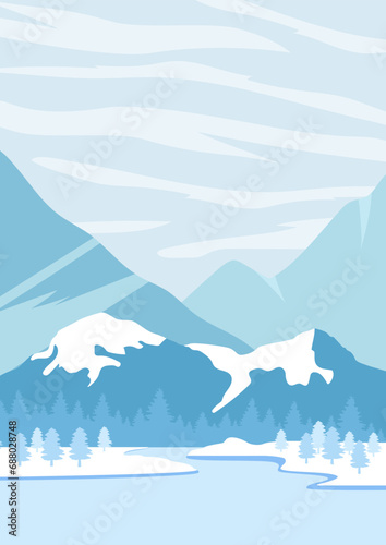 Mountains winter landscape with white peaks illustration. Vector art print of Pyrenees