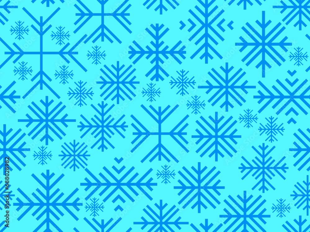 Winter seamless pattern with snowflakes. Christmas and New Year background with geometric snowflakes of different shapes. Design for wallpaper, banners and posters. Vector illustration