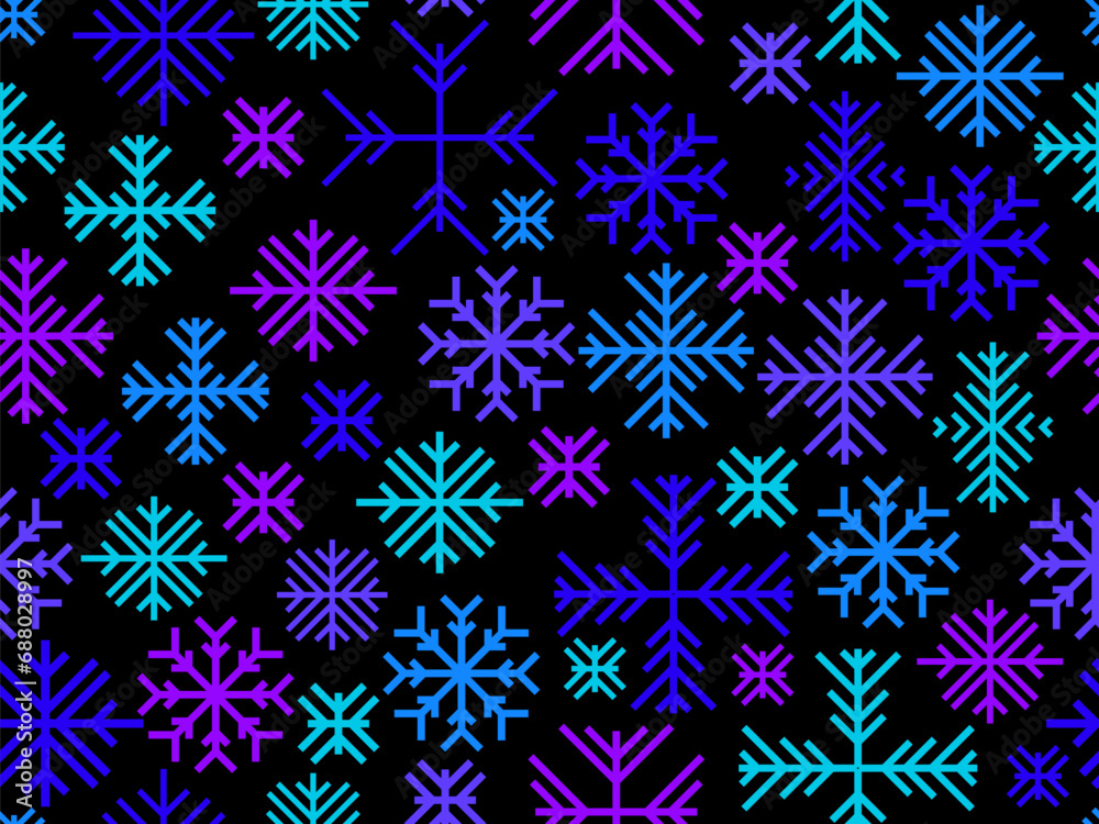 Snowflakes seamless pattern. Winter background with geometric snowflakes of different shapes and colors. Christmas and New Year design for wrapper, banner and poster. Vector illustration Snowflakes seamless pattern. Winter background with geometric snowflakes of different shapes and colors. Christmas and New Year design for wrapper, banner and poster. Vector illustration