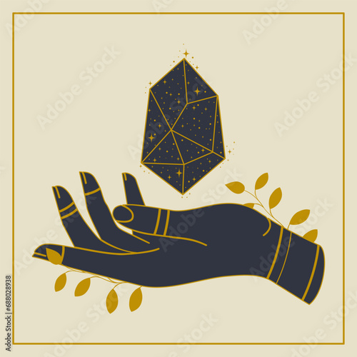 Mystic hand with healing crystal postcard illustration. Alchemy symbol, herbal elements