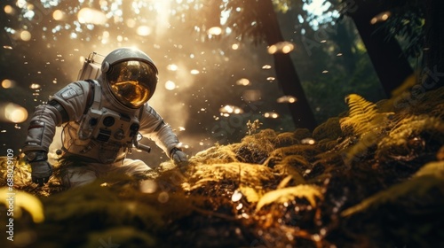 Astronaut in a space suit exploring a green forest