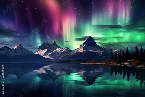 aurora borealis over lake with snowy mountains. iceland, landscape with aurora borealis