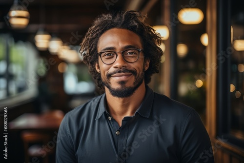 Mid adult stylish African American black man with a beard smiling looking at camera