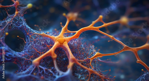 An intricately intertwined network of orange neurons, Ai generative photo