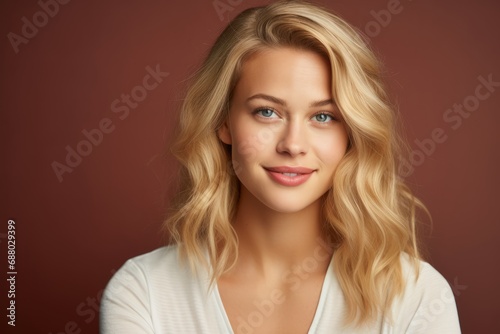 Blonde woman with curly hair looking at camera in studio shot