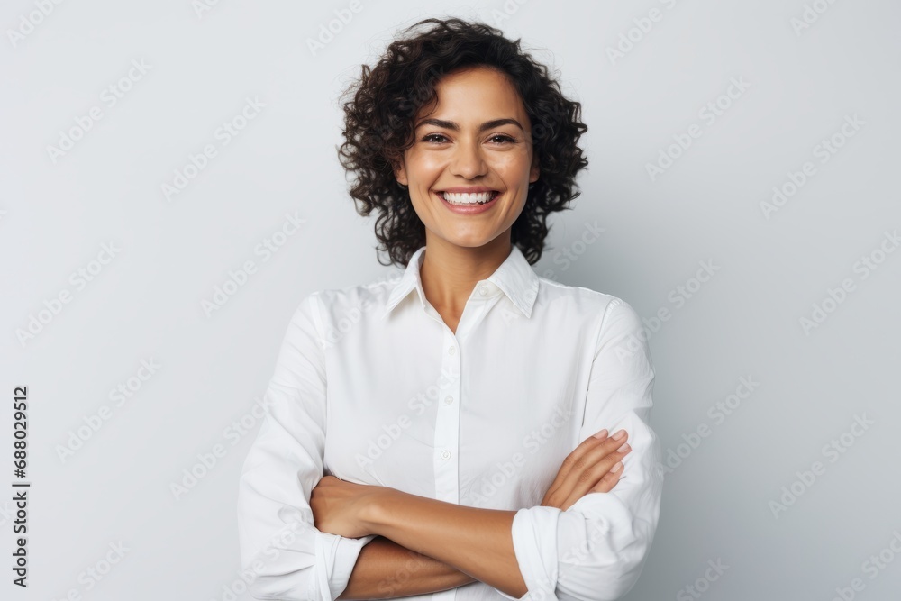 Stylish entrepreneur businesswoman with arms crossed, smiling, looking at camera, against a white background. Stylish entrepreneur businesswoman with arms crossed, smiling, looking at camera, against a white background.