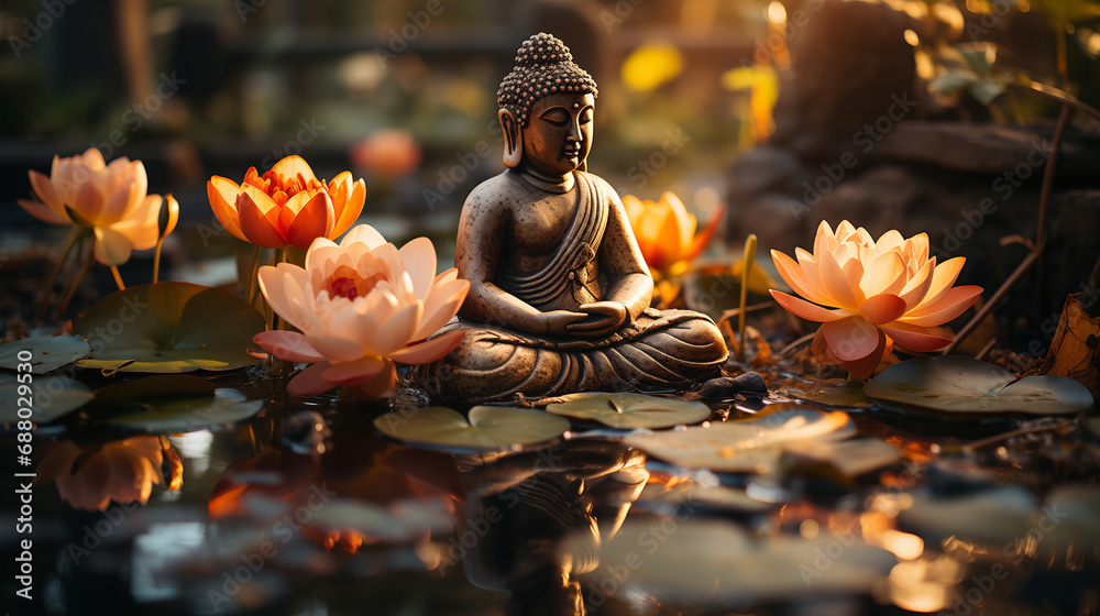 Statua del Buddha in un rigoglioso giardino in mezzo all'acqua e ai fiori di ninfea nella foresta