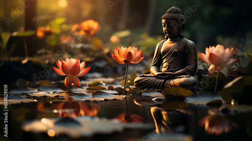 Statua del Buddha in un rigoglioso giardino in mezzo all'acqua e ai fiori di ninfea nella foresta photo