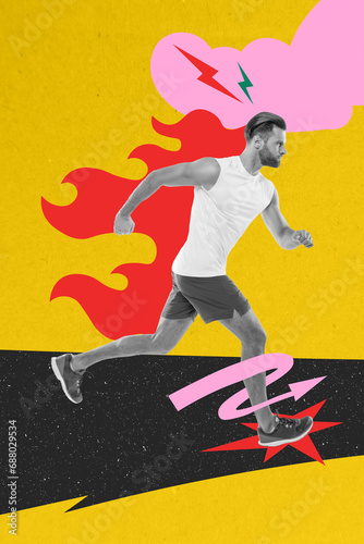 3d retro abstract creative artwork template collage of excited purposeful guy enjoying jogging isolated painting background