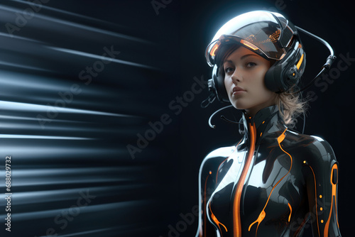 Futuristic science fiction female space explorer wear armor vest, latex suit photo