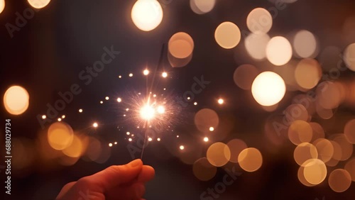 Concept of party nightlife and new year eve. Close up of hand with fire sparkler to celebrate the night and the new start - warm colors filter - joy and hope concept life Happy New Year concept with c photo