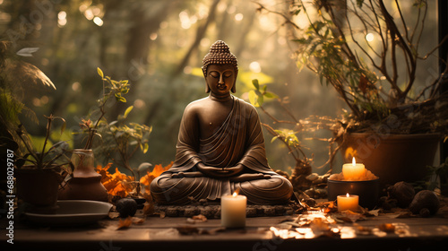 Statua del Buddha in un rigoglioso giardino in mezzo alla foresta