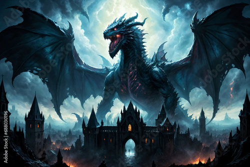 A gigantic black dragon above a medieval city - Oil painting style photo