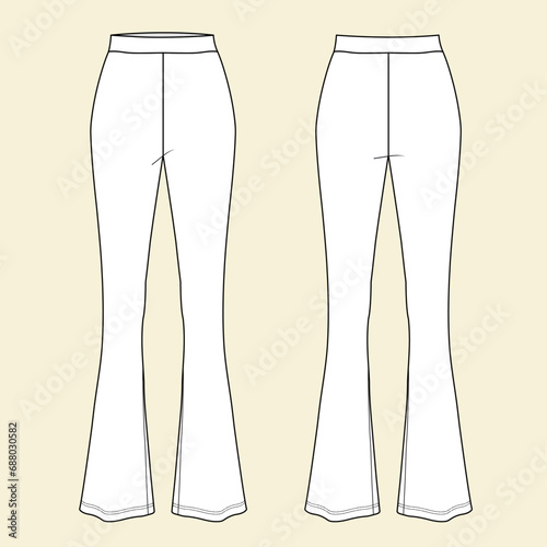 Women Flare High Waist Palazzo Trousers Vector Fashion Flat Sketches. Wide Leg Pant Fashion Technical Illustration Template