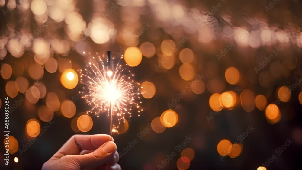 Concept of party nightlife and new year eve. Close up of hand with fire sparkler to celebrate the night and the new start - warm colors filter - joy and hope concept life Happy New Year concept with c
