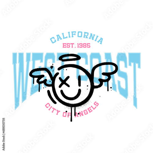 California West coast vintage college typography for city of angels. Collage with urban graffiti Angel emoji. Vector illustration design for fashion graphics, t shirts, prints, posters, gifts.