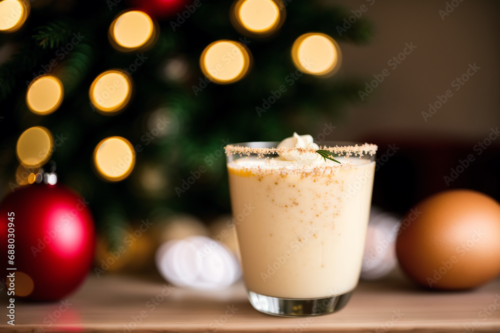 Eggnog with whipped cream and cinnamon on a Christmas background. Generative AI Eggnog with whipped cream and cinnamon on a Christmas background. Generative AI