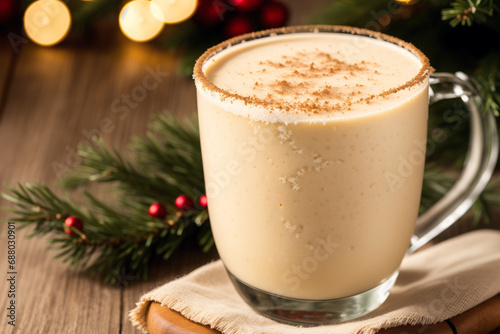 Eggnog with whipped cream and cinnamon on a Christmas background. Generative AI